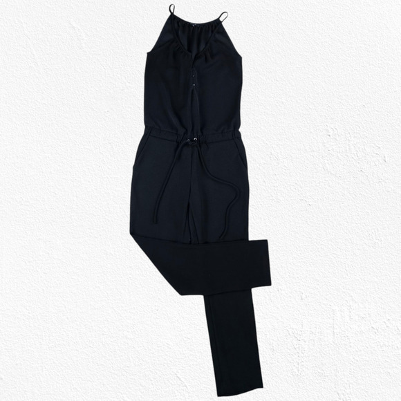 Drew Black V Neck Drawstring Waist Jumpsuit Spaghetti Strap Pockets Size Small - Picture 1 of 9